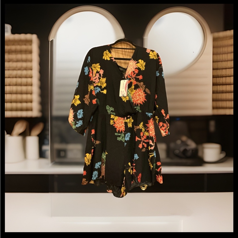 NWT Lanisen Black Colorful Floral Boho Chic Summer Beach Ready Romper Sz XL